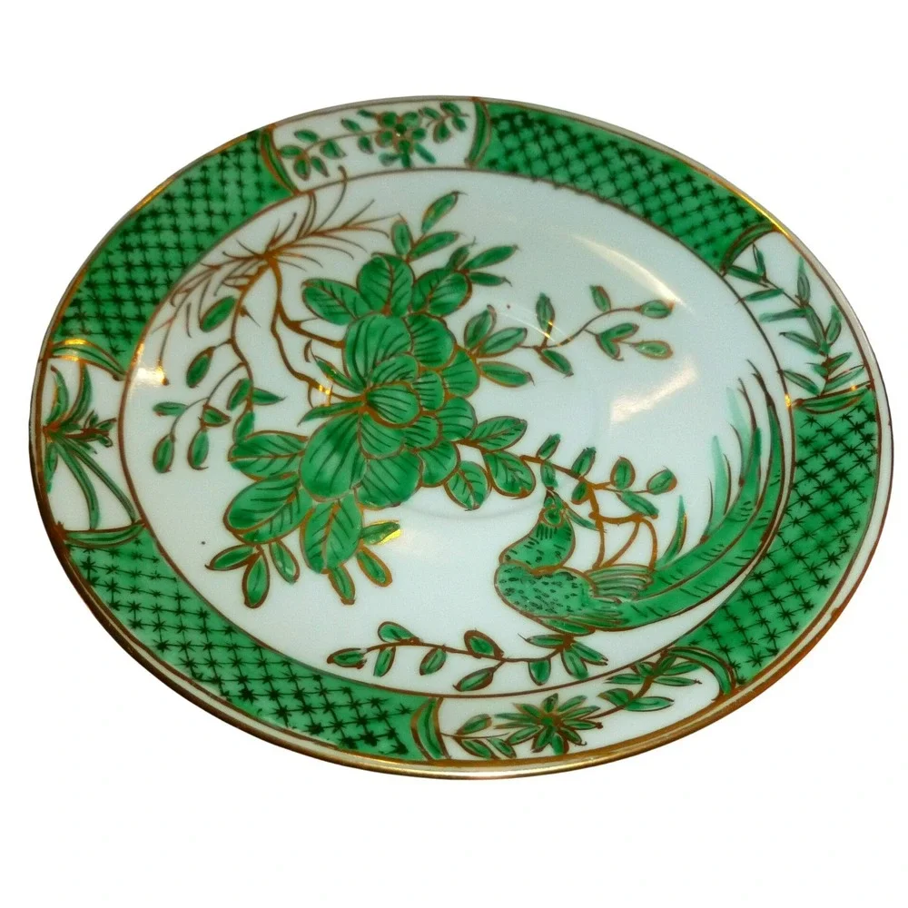 Vintage Chinese Famille Verte Style Teacup & Saucer Green Phoenix Bird Gold Gilt